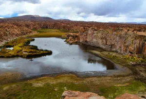 Laguna Catal cercada por rochas vulcânicas avermelhadas, vegetação rasteira e reflexo de nuvens na água calma do altiplano
