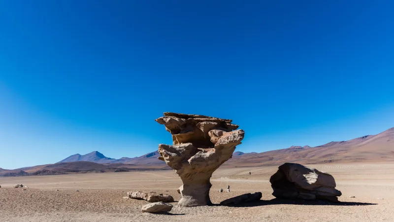 Árbol de Piedra en el Desierto de Siloli, Bolivia, con cielo azul despejado y montañas al fondo.